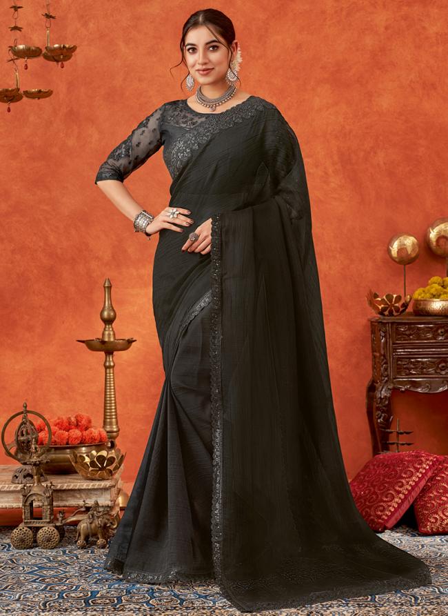 Chiffon Black Party Wear Embroidery Work Saree